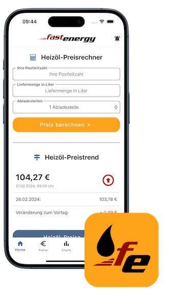 iPhone mit Startseite der FastEnergy App und App-Logo