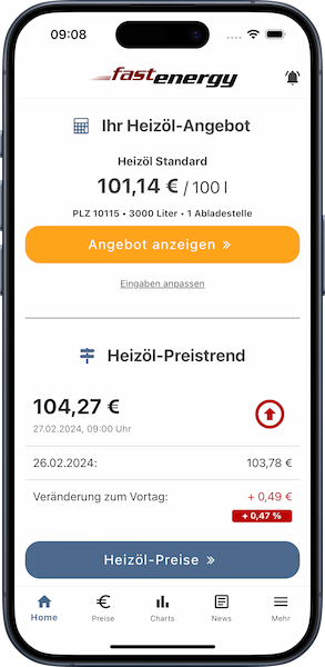 iPhone mit Startseite der FastEnergy App mit personalisiertem Angebot