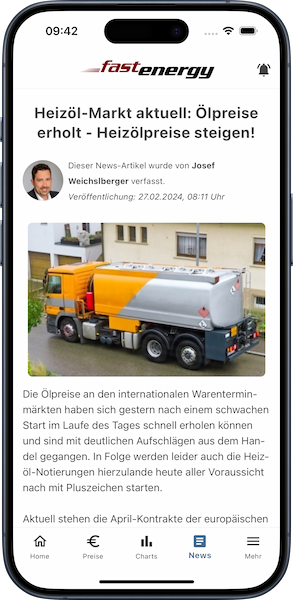 iPhone mit Heizölnews-Seite in der FastEnergy App
