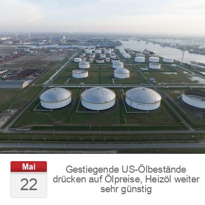 Gestiegende US-Ölbestände drücken auf Ölpreise, Heizöl weiter sehr günstig 